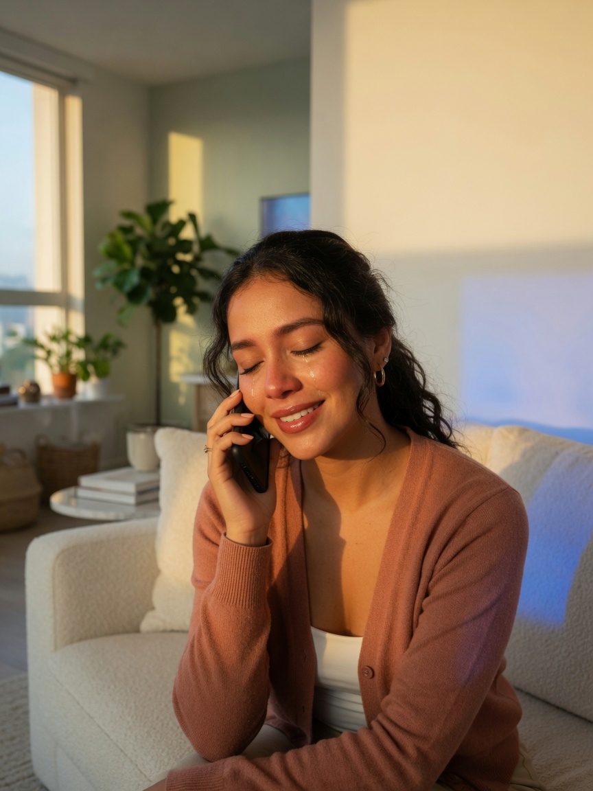Mujer emocionada escuchando su canción personalizada en el celular
